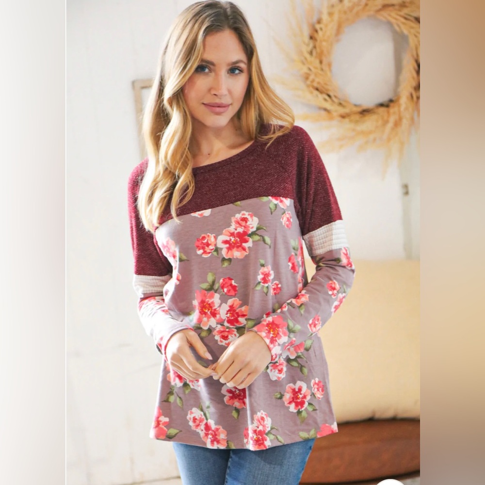 Burgundy Floral Color Block Top - Picture 1 of 7